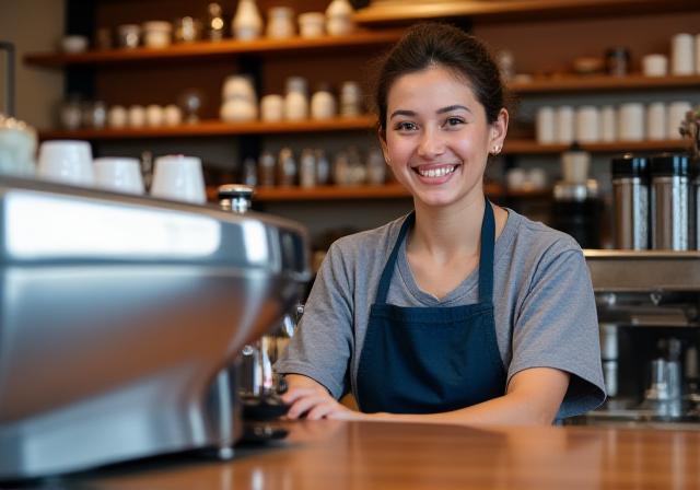 Barista sonriente preparando café detrás de una barra de madera pulida