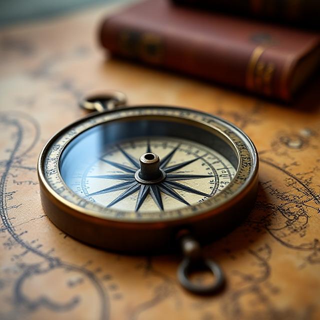 Detalle de decoración vintage, una brújula antigua y mapas náuticos en la pared de la cafetería