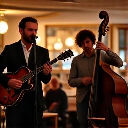 Músicos de jazz tocando en una jam session en un ambiente de café, con instrumentos