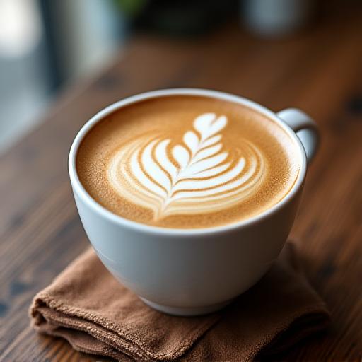 Taza de latte con arte latte complejo sobre mesa de madera rústica