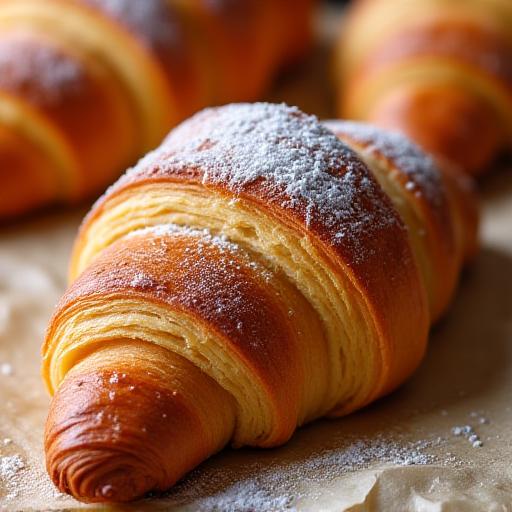 Primer plano de croissant recién horneado y hojaldrado sobre papel de horno