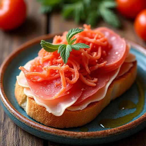 Tostada con jamón serrano y tomate rallado en plato de cerámica rústica