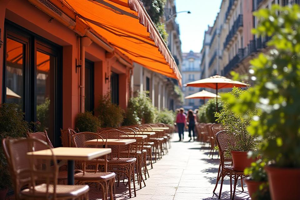 Terraza exterior de la cafetería en un día soleado en Madrid, con mesas y sillas acogedoras